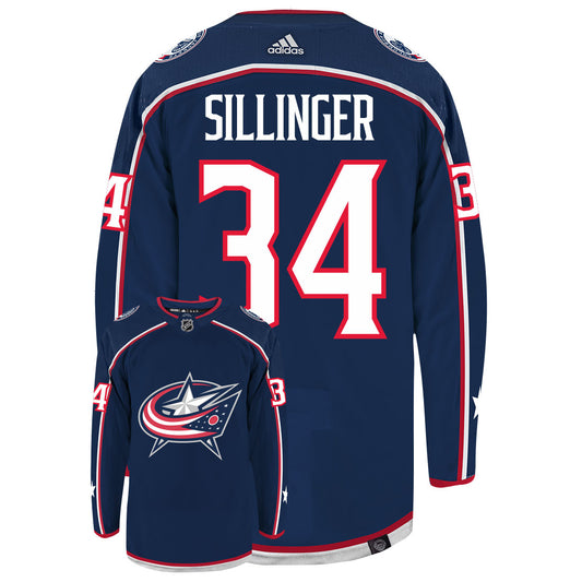 Cole Sillinger Columbus Blue Jackets Adidas Primegreen Authentic Home NHL Hockey Jersey - Back/Front View