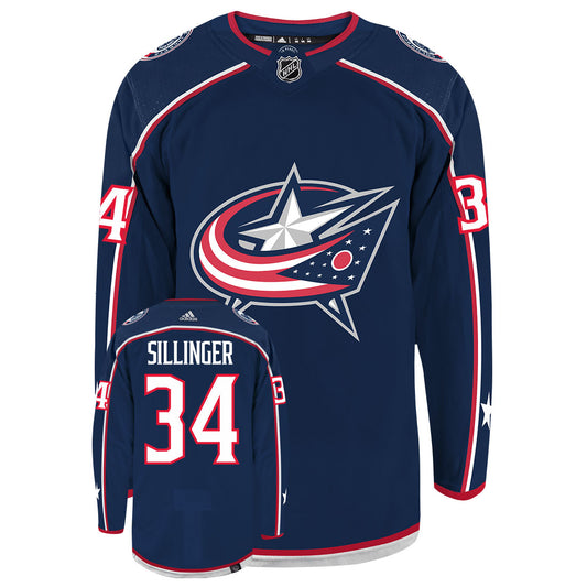 Cole Sillinger Columbus Blue Jackets Adidas Primegreen Authentic Home NHL Hockey Jersey - Front/Back View