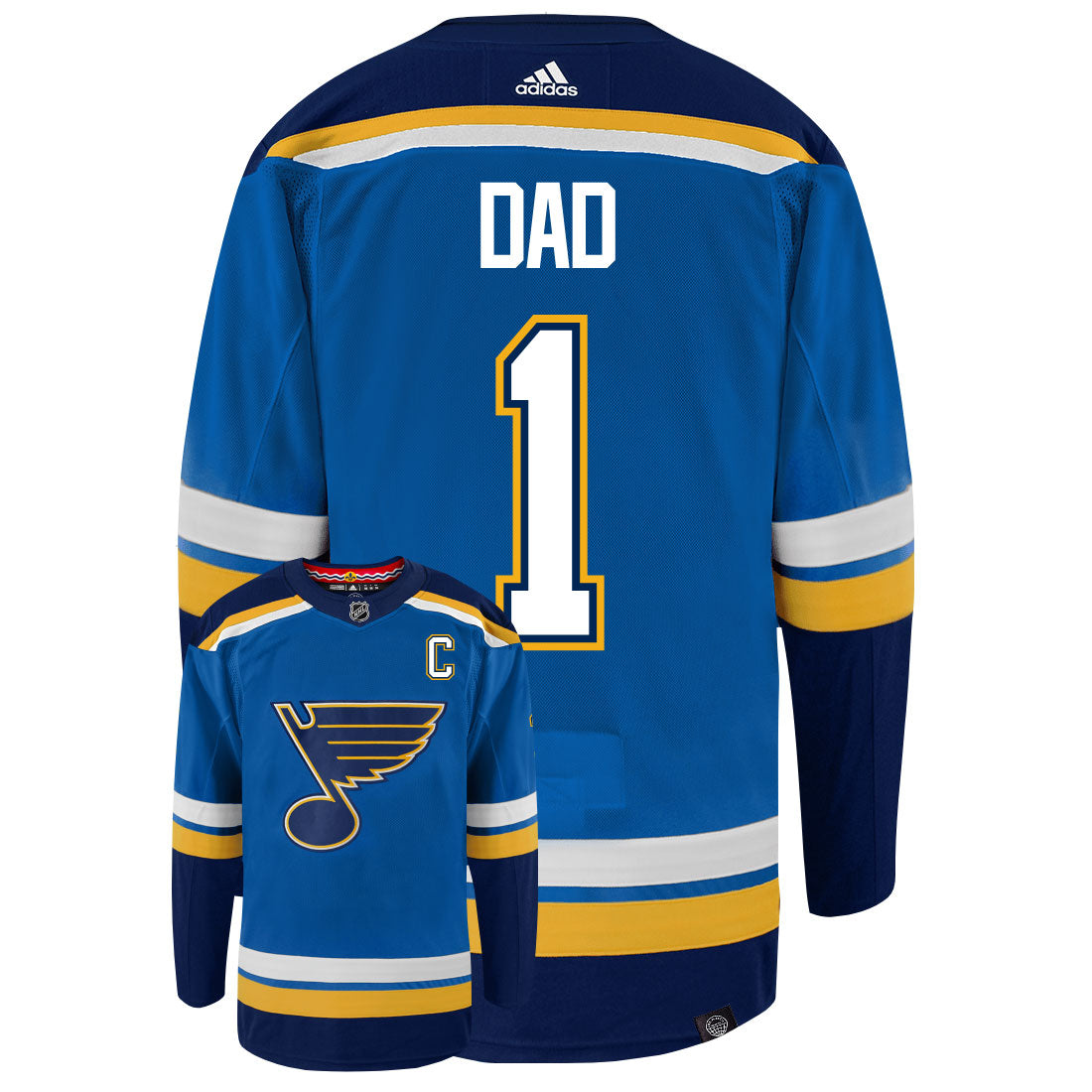 St Louis Blues Dad Number One Adidas Primegreen Authentic NHL Hockey Jersey - Back/Front View