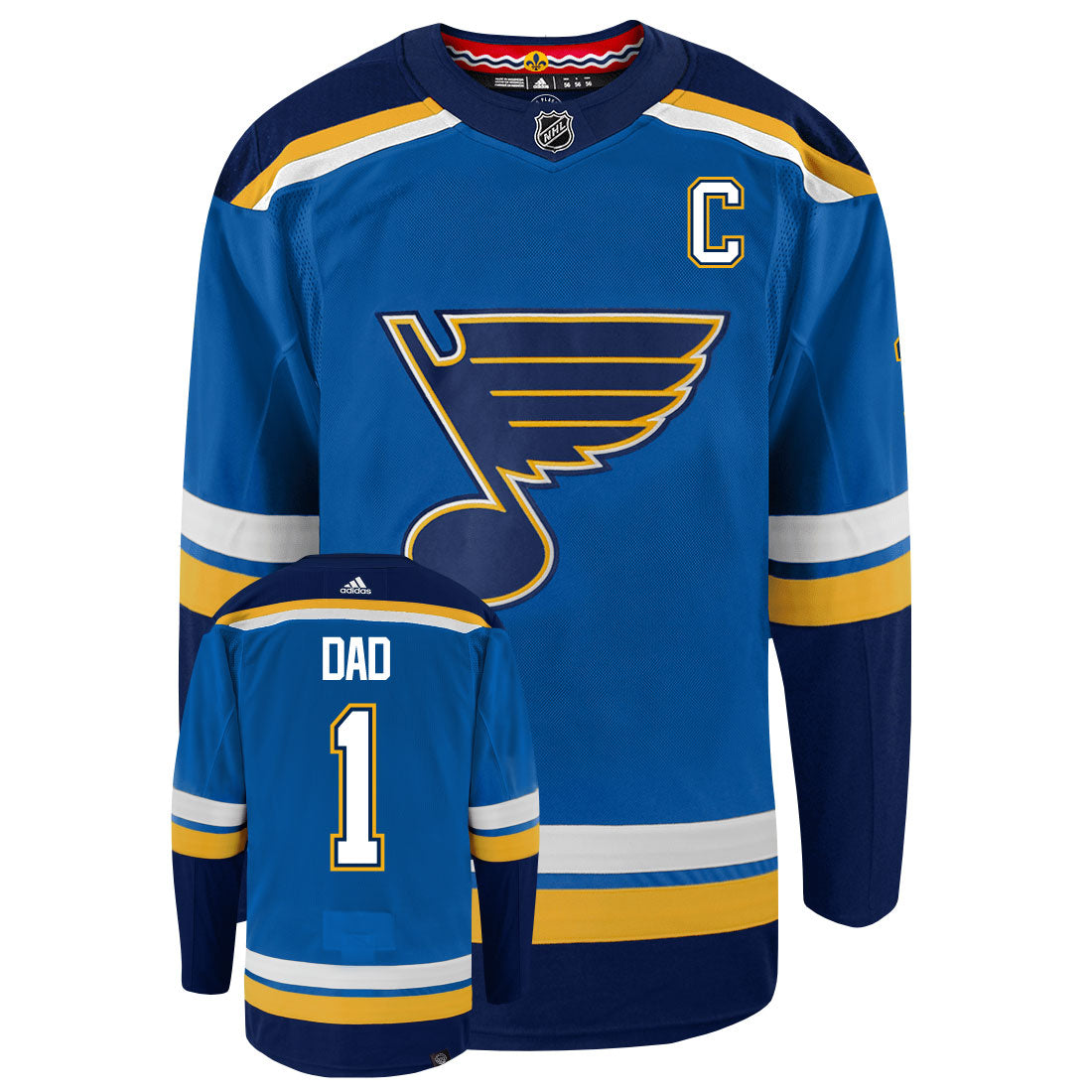 St Louis Blues Dad Number One Adidas Primegreen Authentic NHL Hockey Jersey - Front/Back View