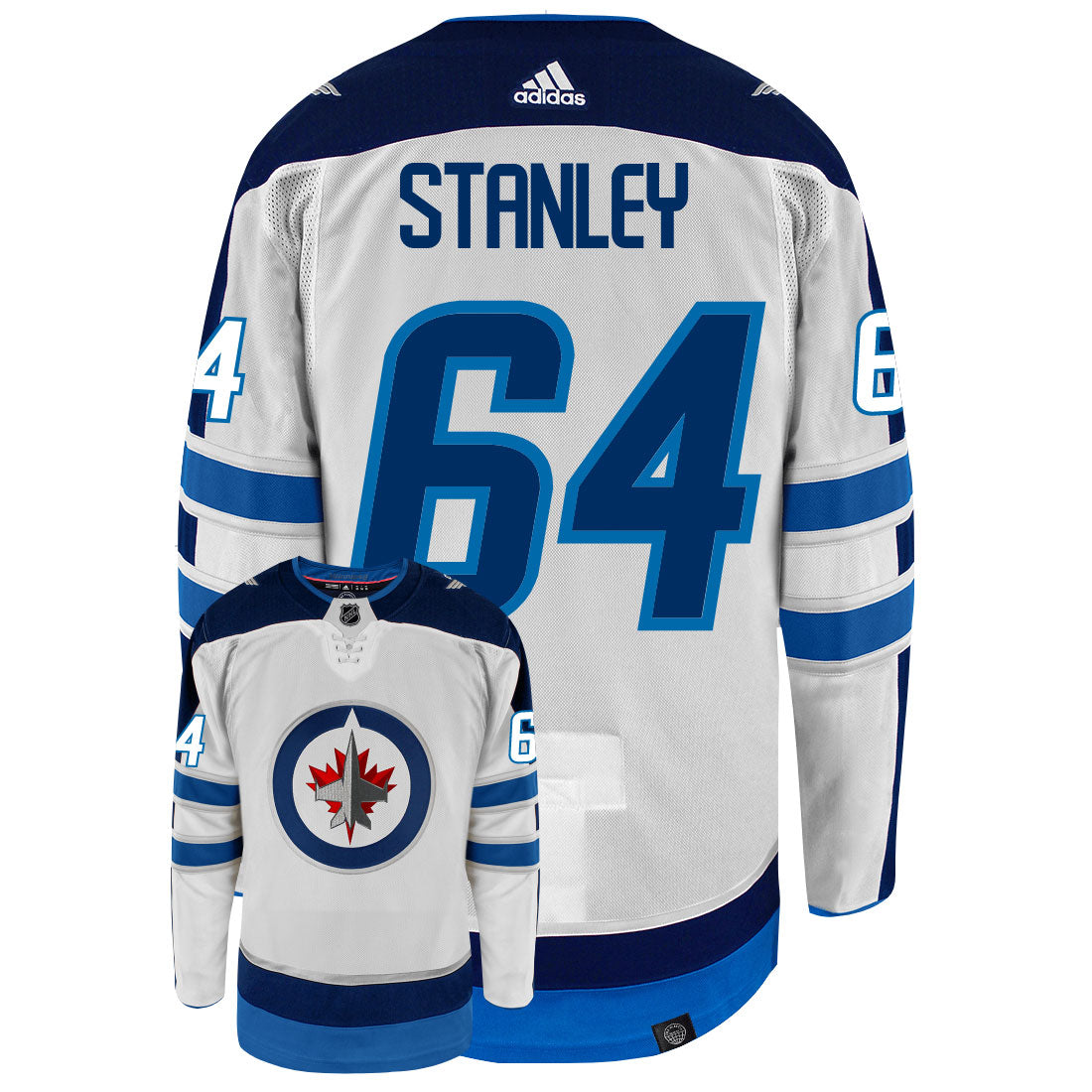 Logan Stanley Winnipeg Jets Adidas Primegreen Authentic Away NHL Hockey Jersey - Back/Front View