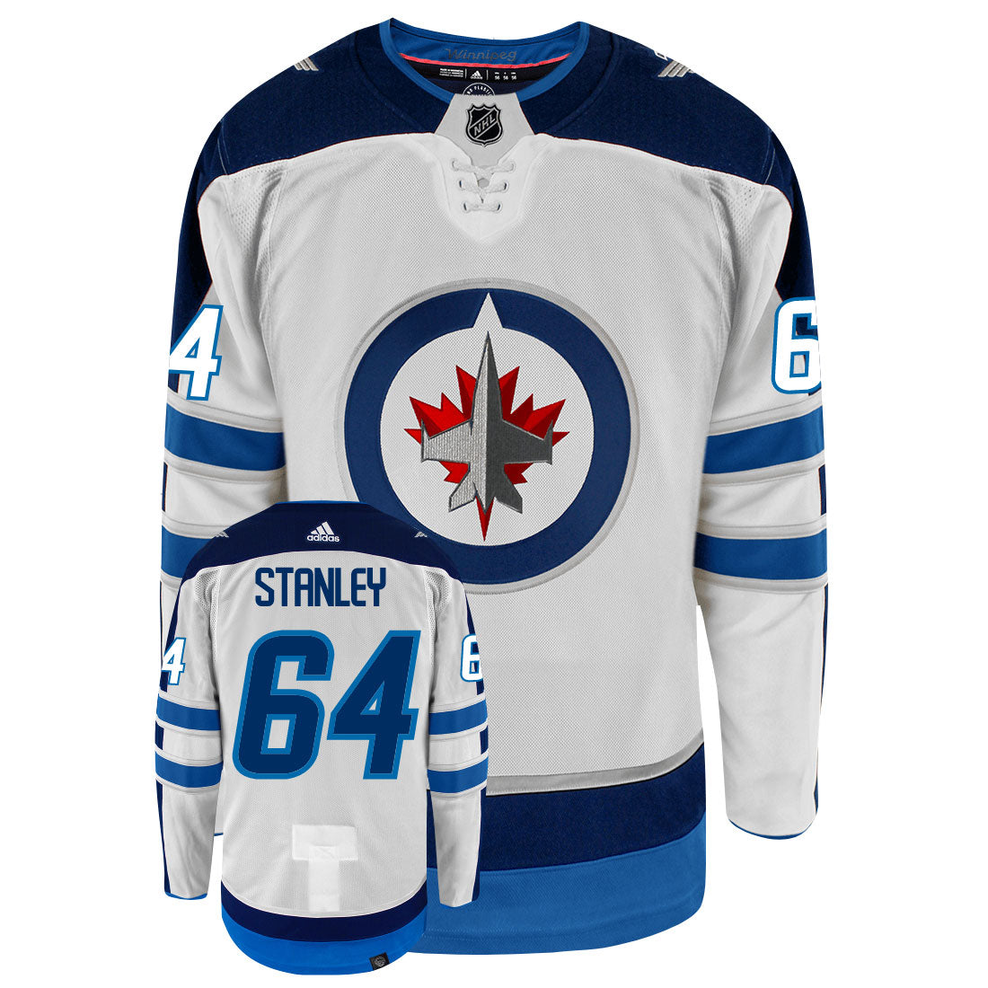 Logan Stanley Winnipeg Jets Adidas Primegreen Authentic Away NHL Hockey Jersey - Front/Back View