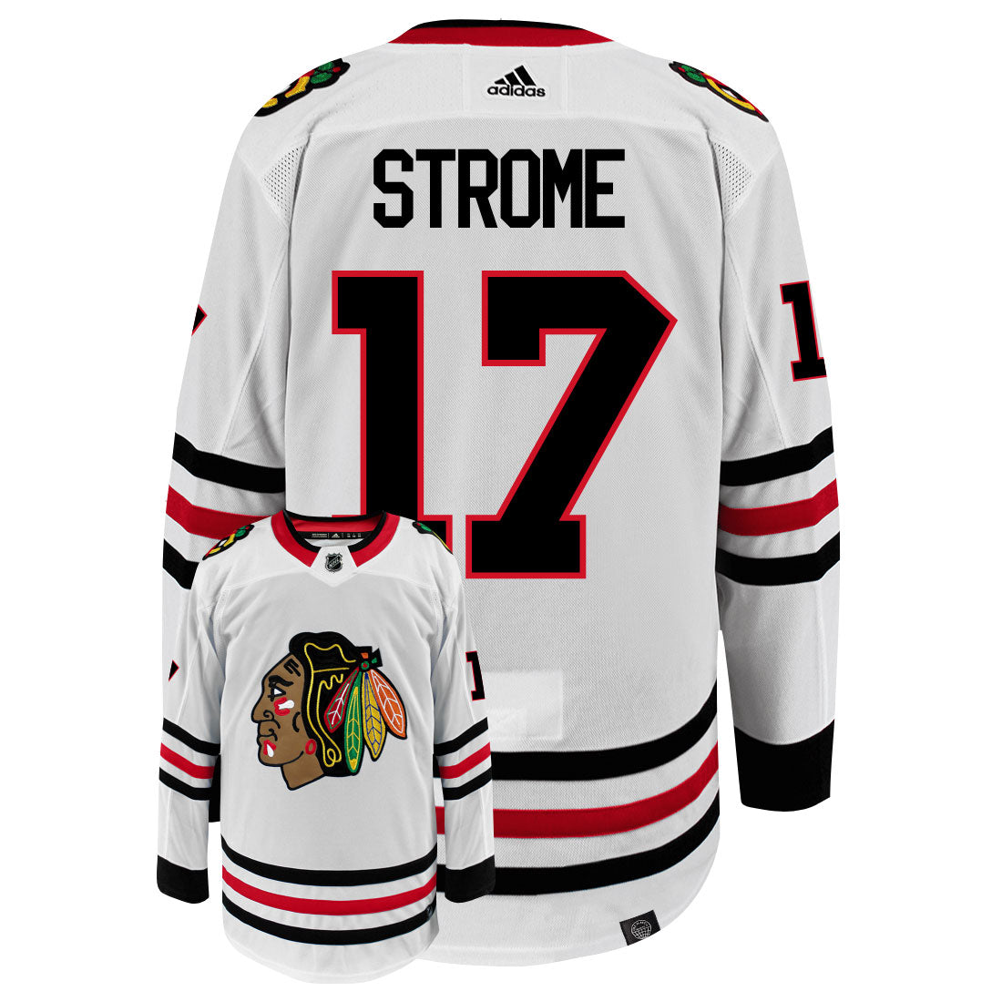Dylan Strome Chicago Blackhawks Adidas Primegreen Authentic Away NHL Hockey Jersey - Back/Front View