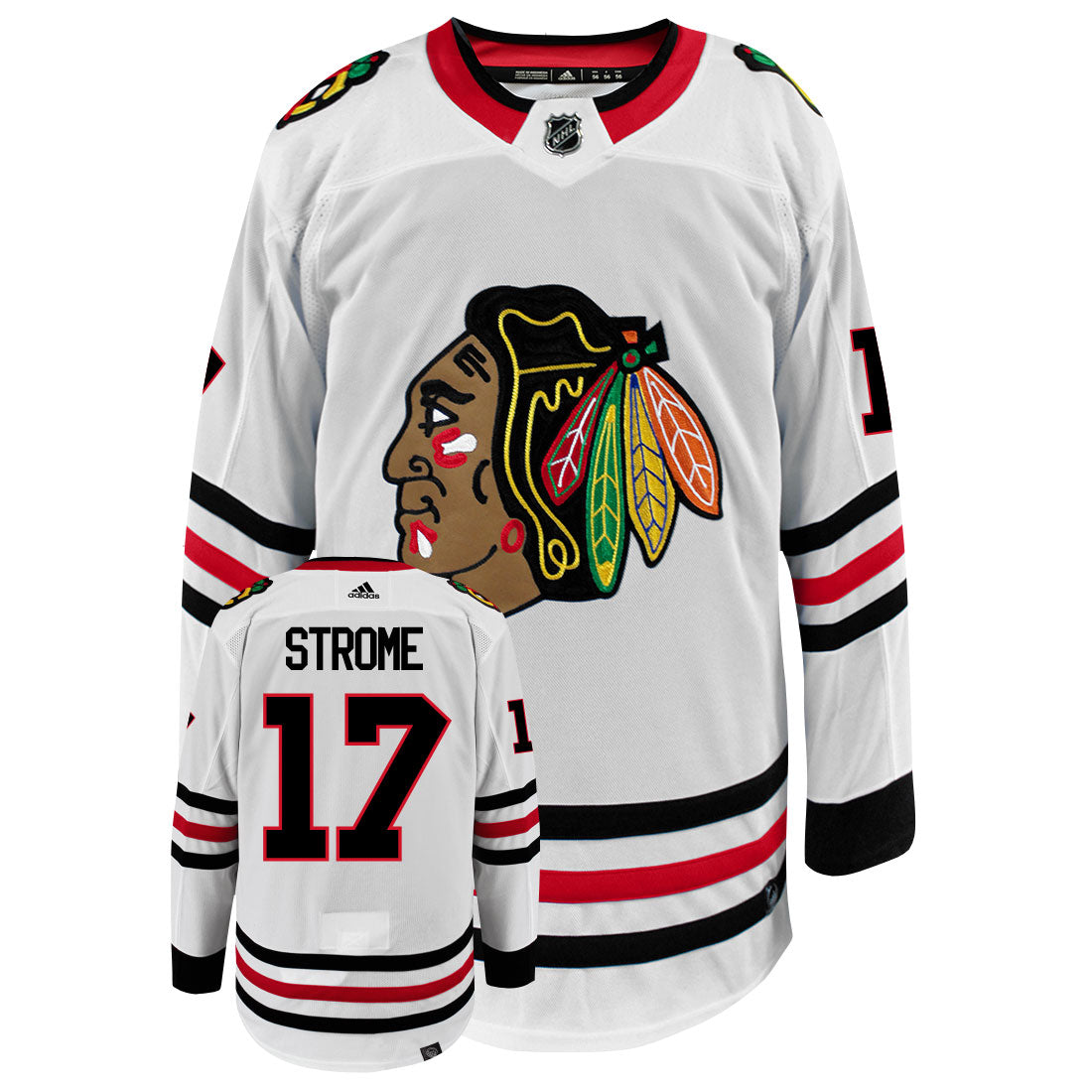 Dylan Strome Chicago Blackhawks Adidas Primegreen Authentic Away NHL Hockey Jersey - Front/Back View