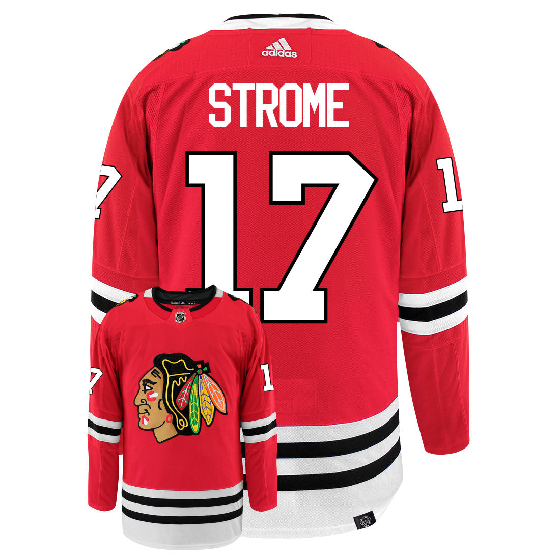 Dylan Strome Chicago Blackhawks Adidas Primegreen Authentic Home NHL Hockey Jersey - Back/Front View