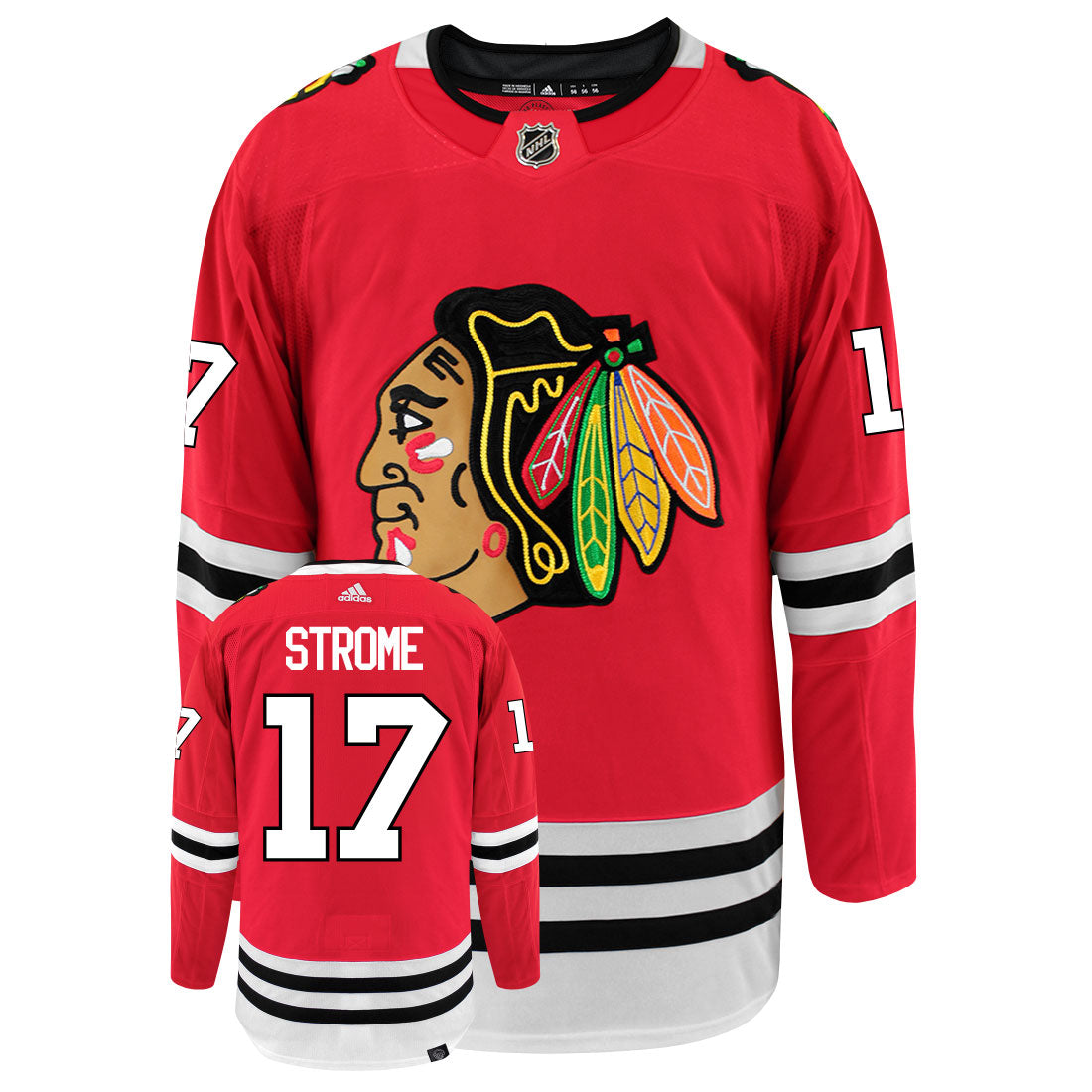 Dylan Strome Chicago Blackhawks Adidas Primegreen Authentic Home NHL Hockey Jersey - Front/Back View