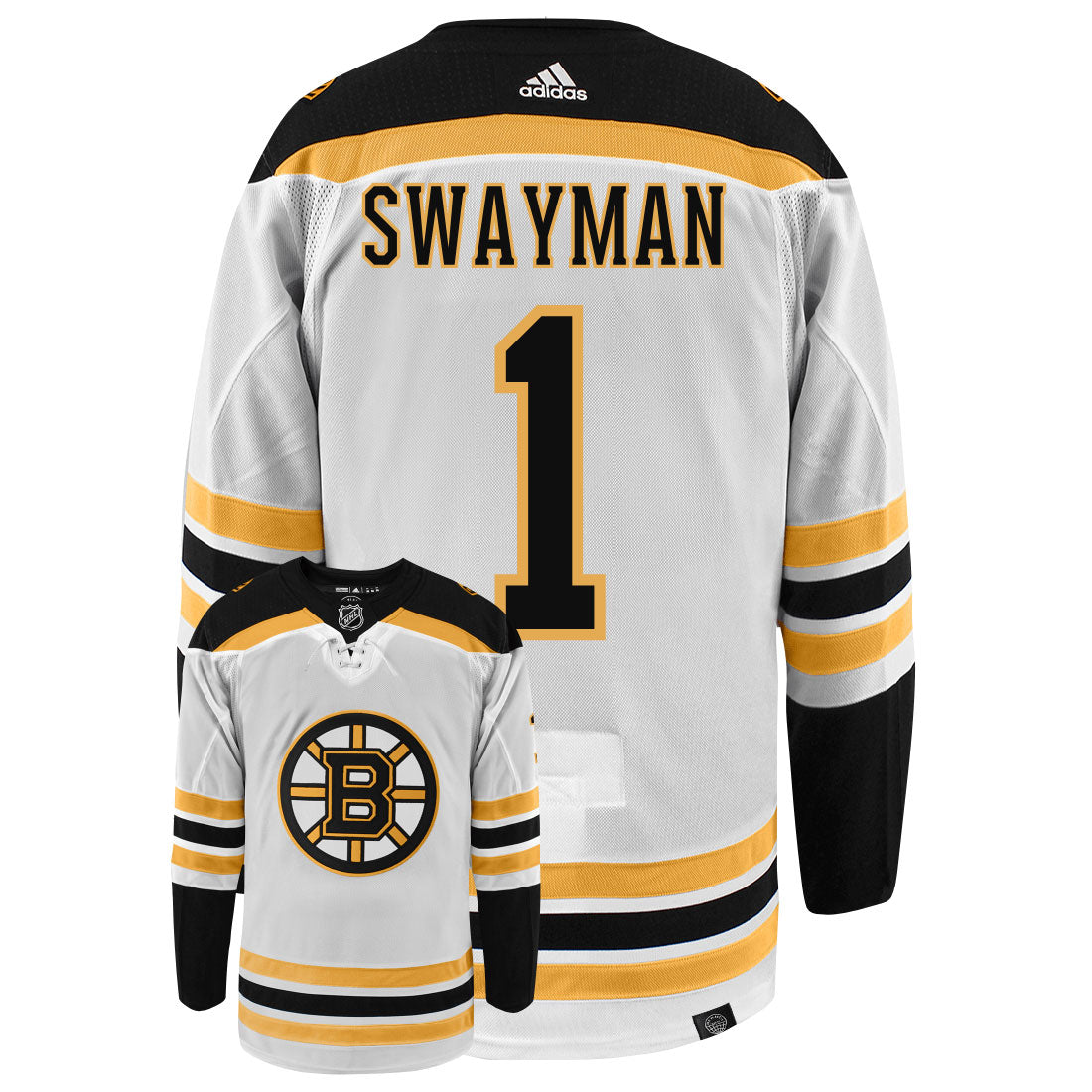 Jeremy Swayman Boston Bruins Adidas Primegreen Authentic Away NHL Hockey Jersey - Back/Front View