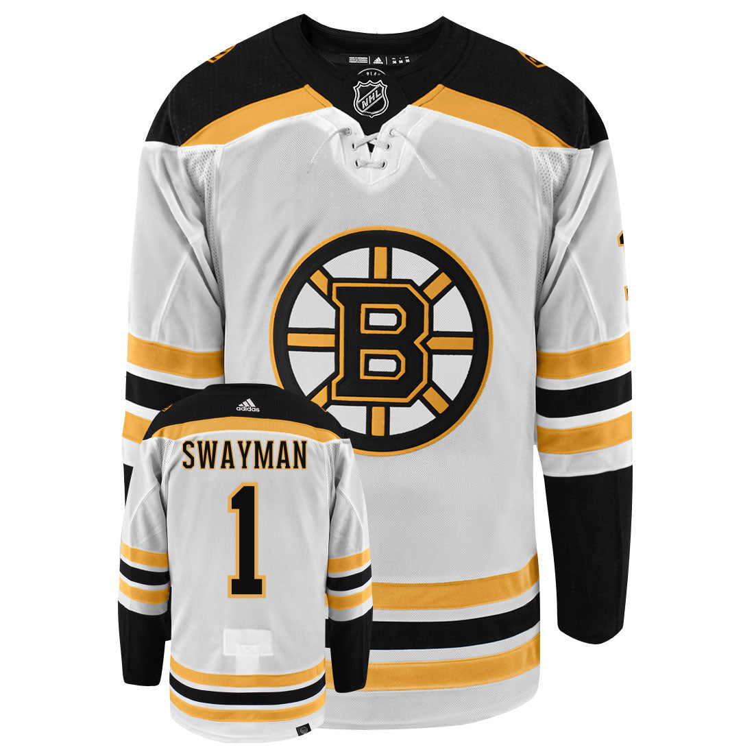 Jeremy Swayman Boston Bruins Adidas Primegreen Authentic Away NHL Hockey Jersey - Front/Back View