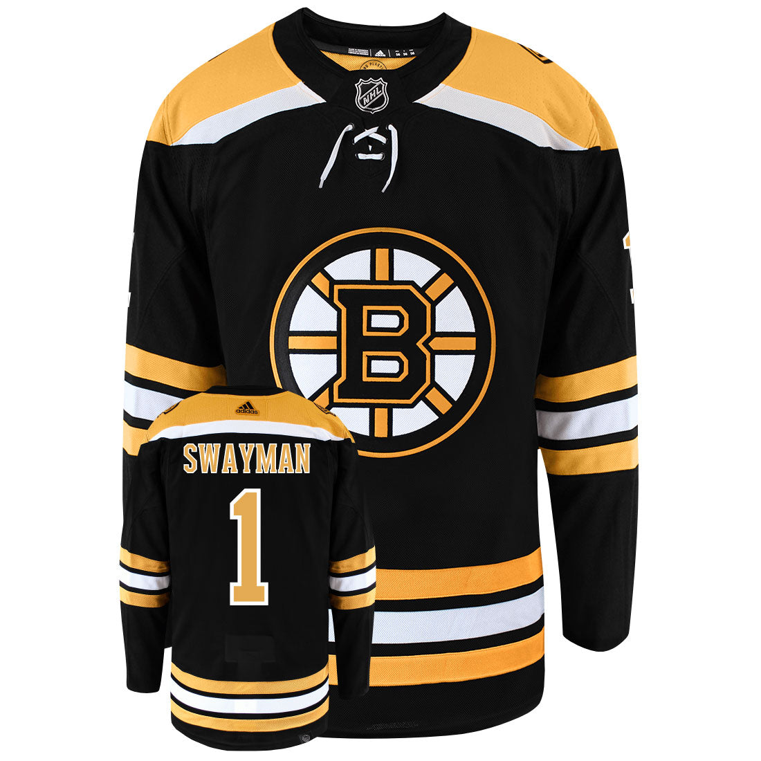 Jeremy Swayman Boston Bruins Adidas Primegreen Authentic Home NHL Hockey Jersey - Front/Back View