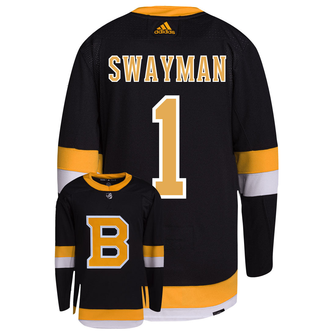 Jeremy Swayman Boston Bruins Adidas Primegreen Authentic Third Alternate NHL Hockey Jersey - Back/Front View