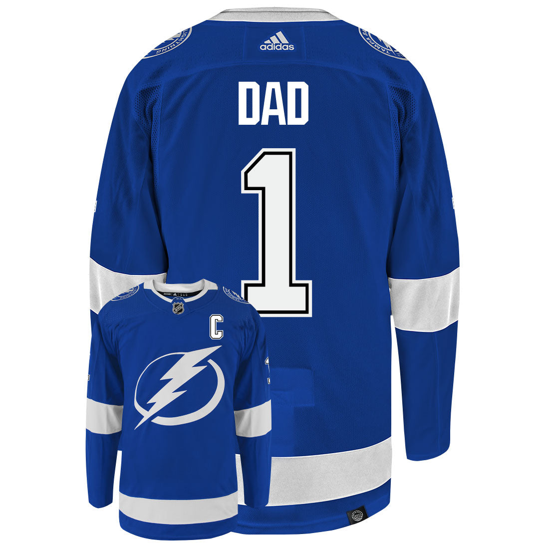 Tampa Bay Lightning Dad Number One Adidas Primegreen Authentic NHL Hockey Jersey - Back/Front View