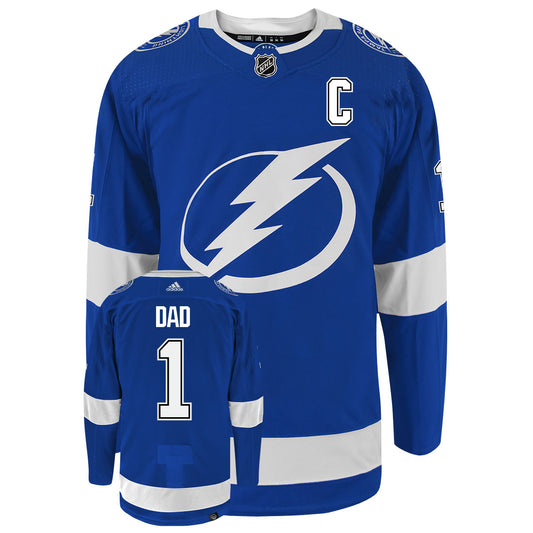 Tampa Bay Lightning Dad Number One Adidas Primegreen Authentic NHL Hockey Jersey - Front/Back View