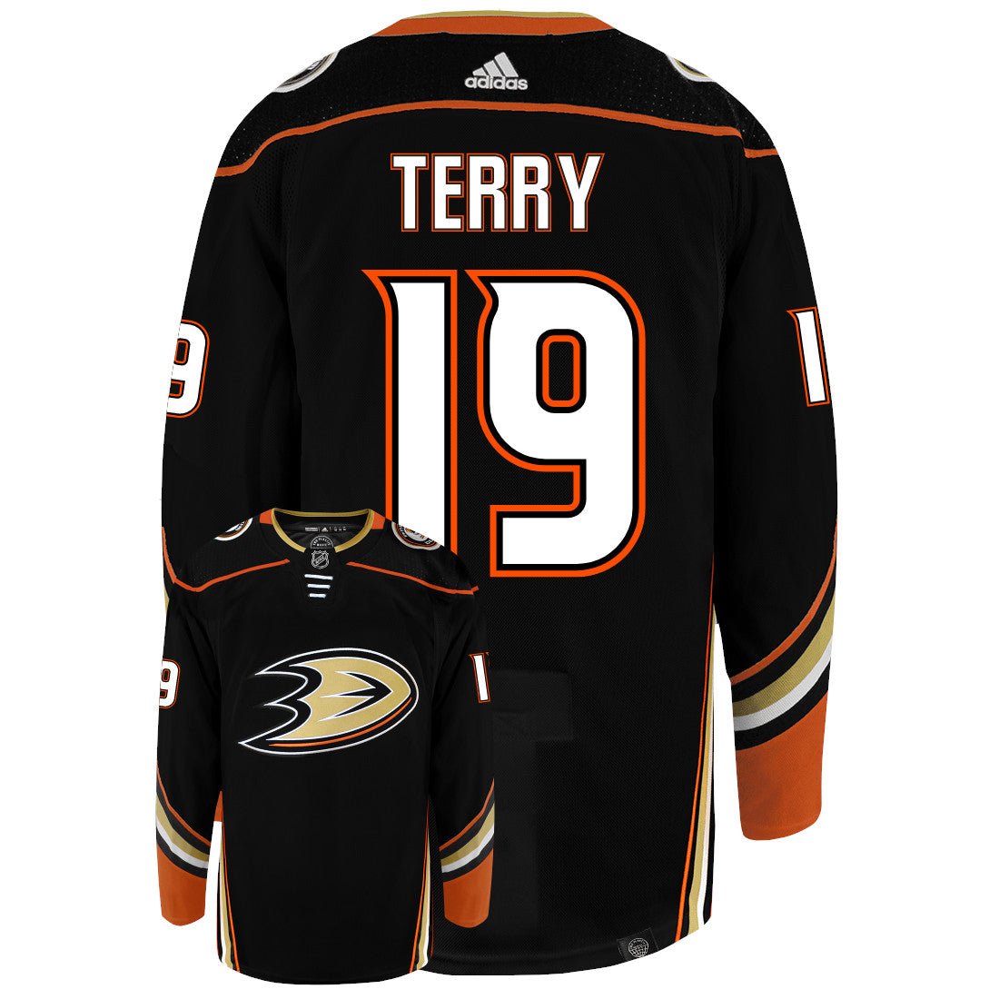 Troy Terry Anaheim Ducks Adidas Primegreen Authentic Home NHL Hockey Jersey - Back/Front View