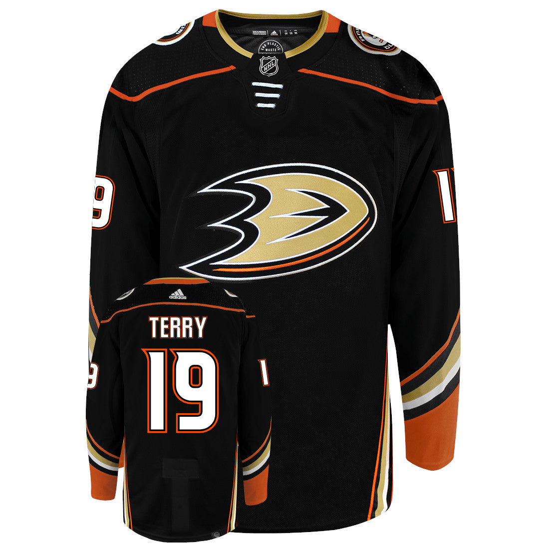 Troy Terry Anaheim Ducks Adidas Primegreen Authentic Home NHL Hockey Jersey - Front/Back View