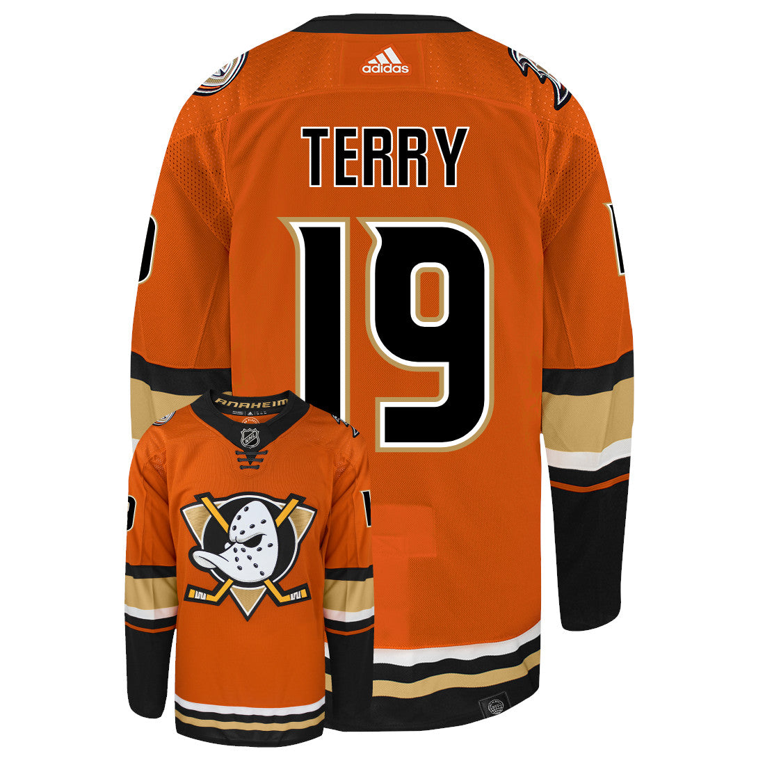 Troy Terry Anaheim Ducks Adidas Primegreen Authentic Third Alternate NHL Hockey Jersey - Back/Front View