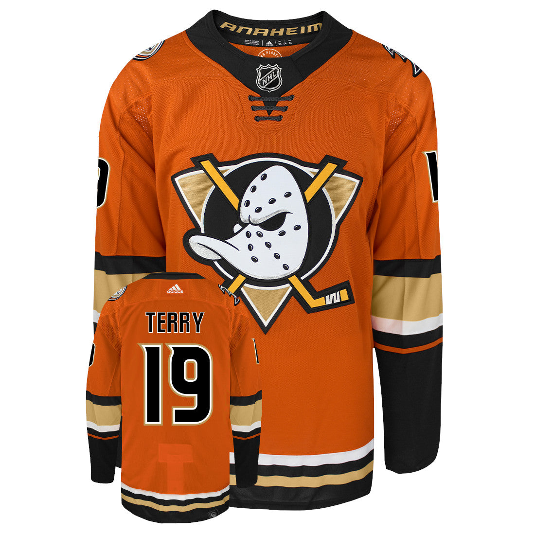 Troy Terry Anaheim Ducks Adidas Primegreen Authentic Third Alternate NHL Hockey Jersey - Front/Back View