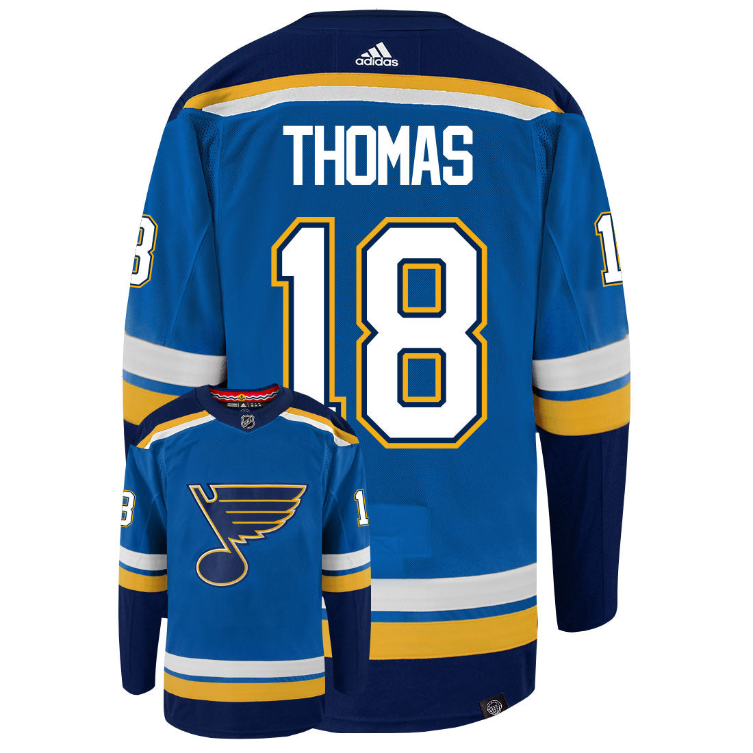 Robert Thomas St Louis Blues Adidas Primegreen Authentic Home NHL Hockey Jersey - Back/Front View