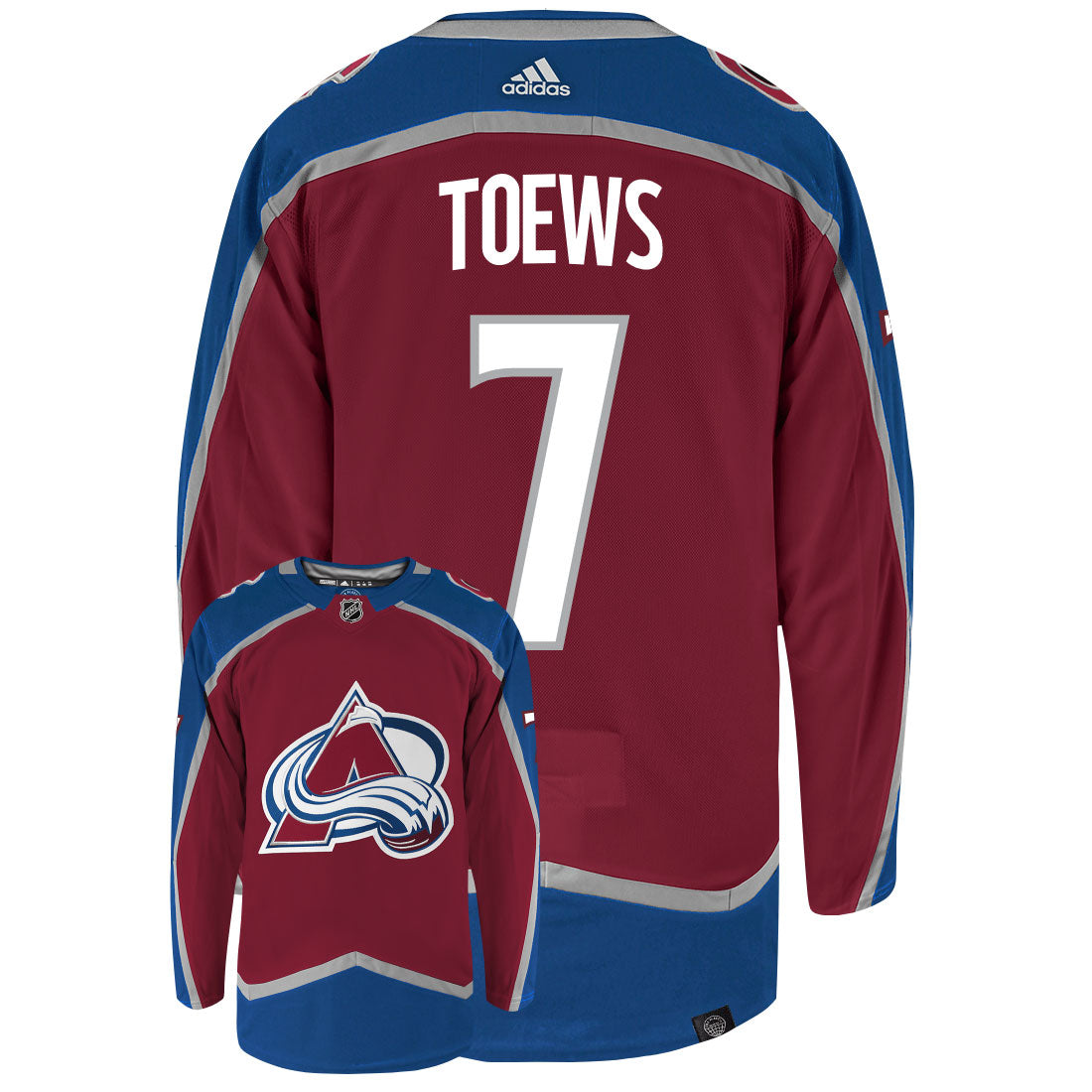 Devon Toews Colorado Avalanche Adidas Primegreen Authentic Home NHL Hockey Jersey - Back/Front View