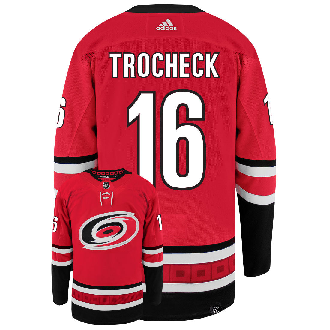 Vincent Trocheck Carolina Hurricanes Adidas Primegreen Authentic Home NHL Hockey Jersey - Back/Front View