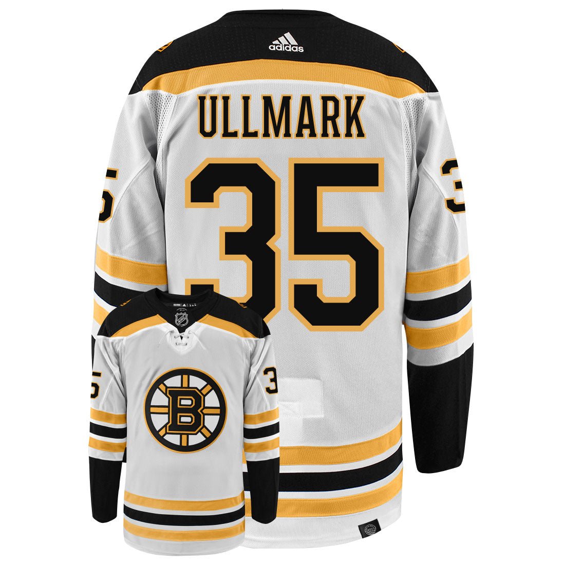 Linus Ullmark Boston Bruins Adidas Primegreen Authentic Away NHL Hockey Jersey - Back/Front View