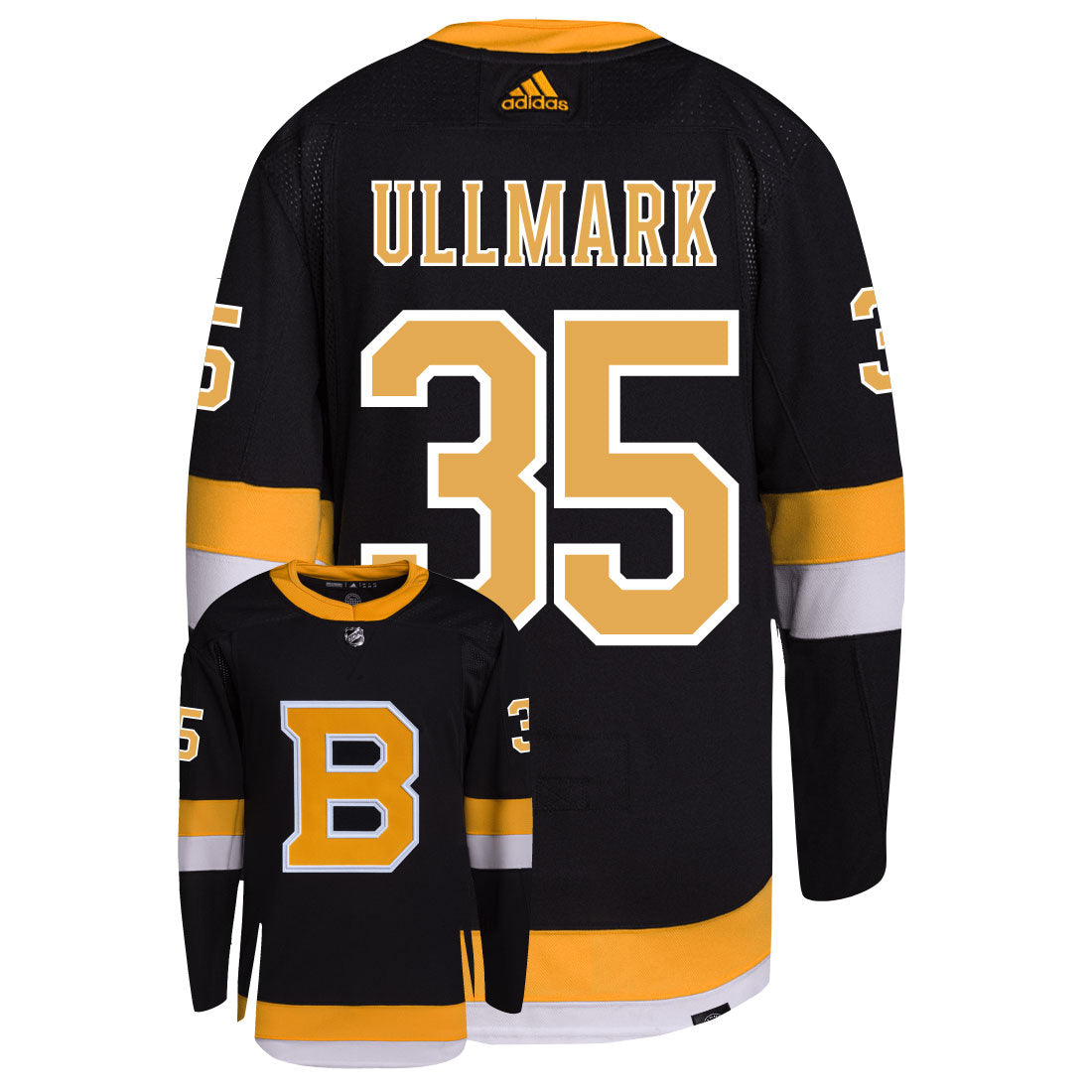 Linus Ullmark Boston Bruins Adidas Primegreen Authentic Third Alternate NHL Hockey Jersey - Back/Front View