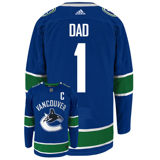 Vancouver Canucks Dad Number One Adidas Primegreen Authentic NHL Hockey Jersey - Back/Front View