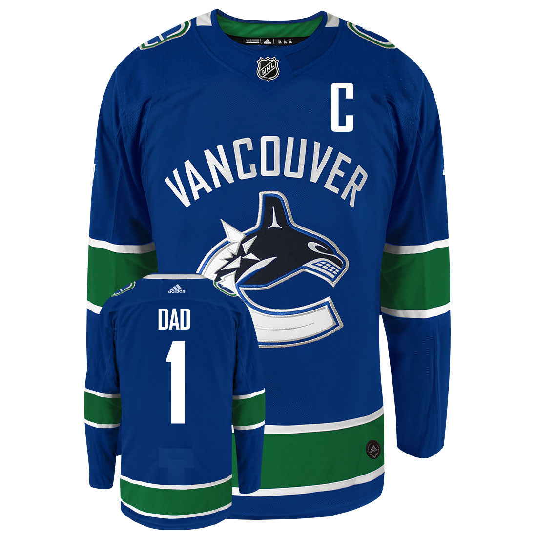 Vancouver Canucks Dad Number One Adidas Primegreen Authentic NHL Hockey Jersey - Front/Back View