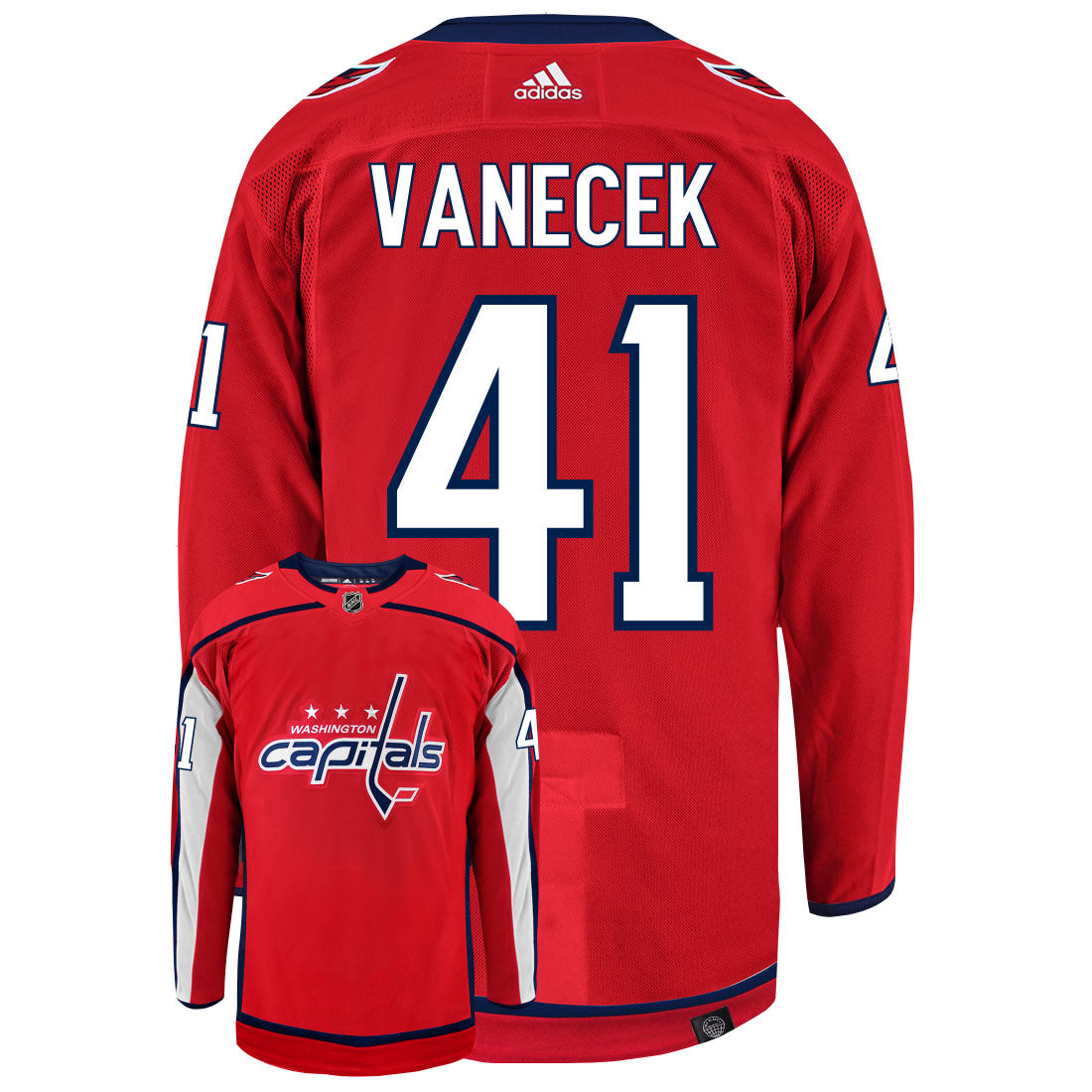 Vitek Vanecek Washington Capitals Adidas Primegreen Authentic Home NHL Hockey Jersey - Back/Front View