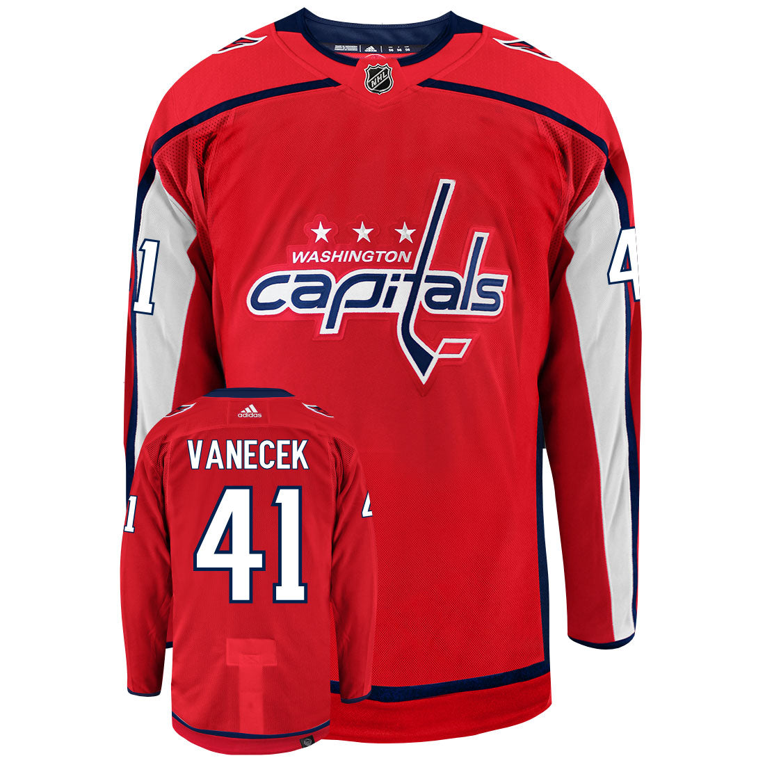 Vitek Vanecek Washington Capitals Adidas Primegreen Authentic Home NHL Hockey Jersey - Front/Back View