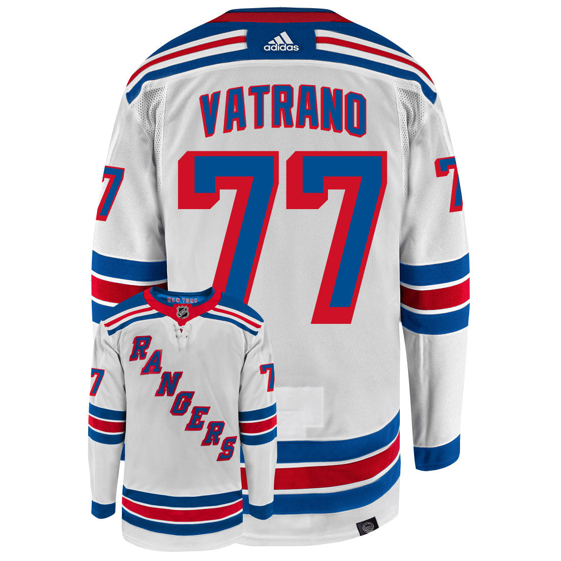 Frank Vatrano New York Rangers Adidas Primegreen Authentic Away NHL Hockey Jersey - Back/Front View