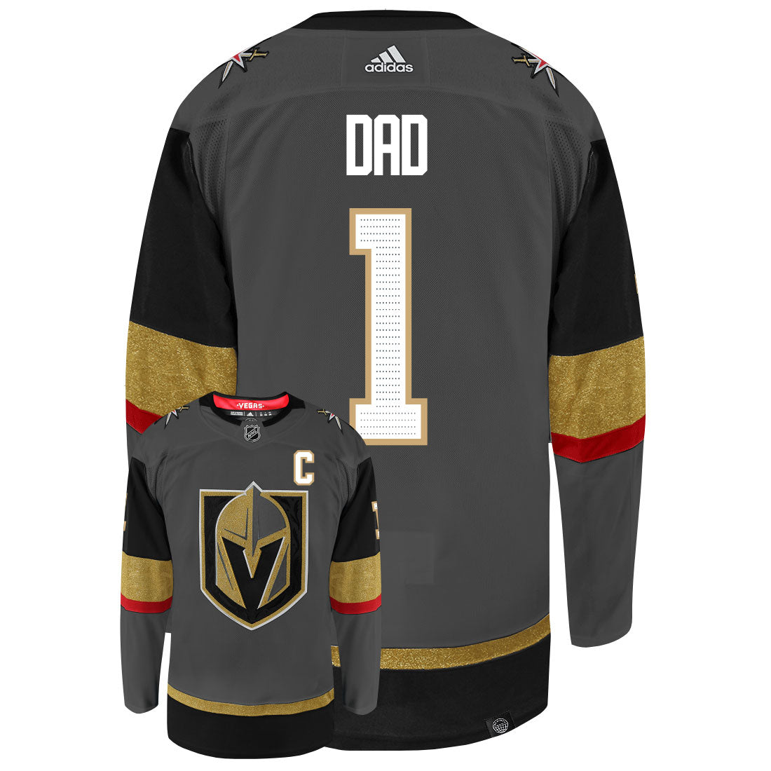 Vegas Golden Knights Dad Number One Adidas Primegreen Authentic NHL Hockey Jersey - Back/Front View