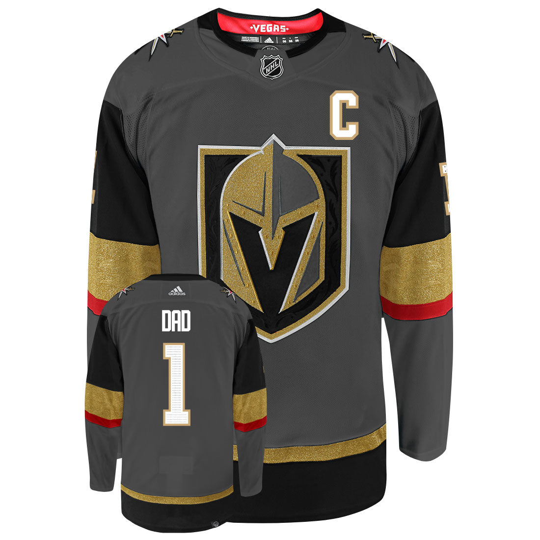 Vegas Golden Knights Dad Number One Adidas Primegreen Authentic NHL Hockey Jersey - Front/Back View