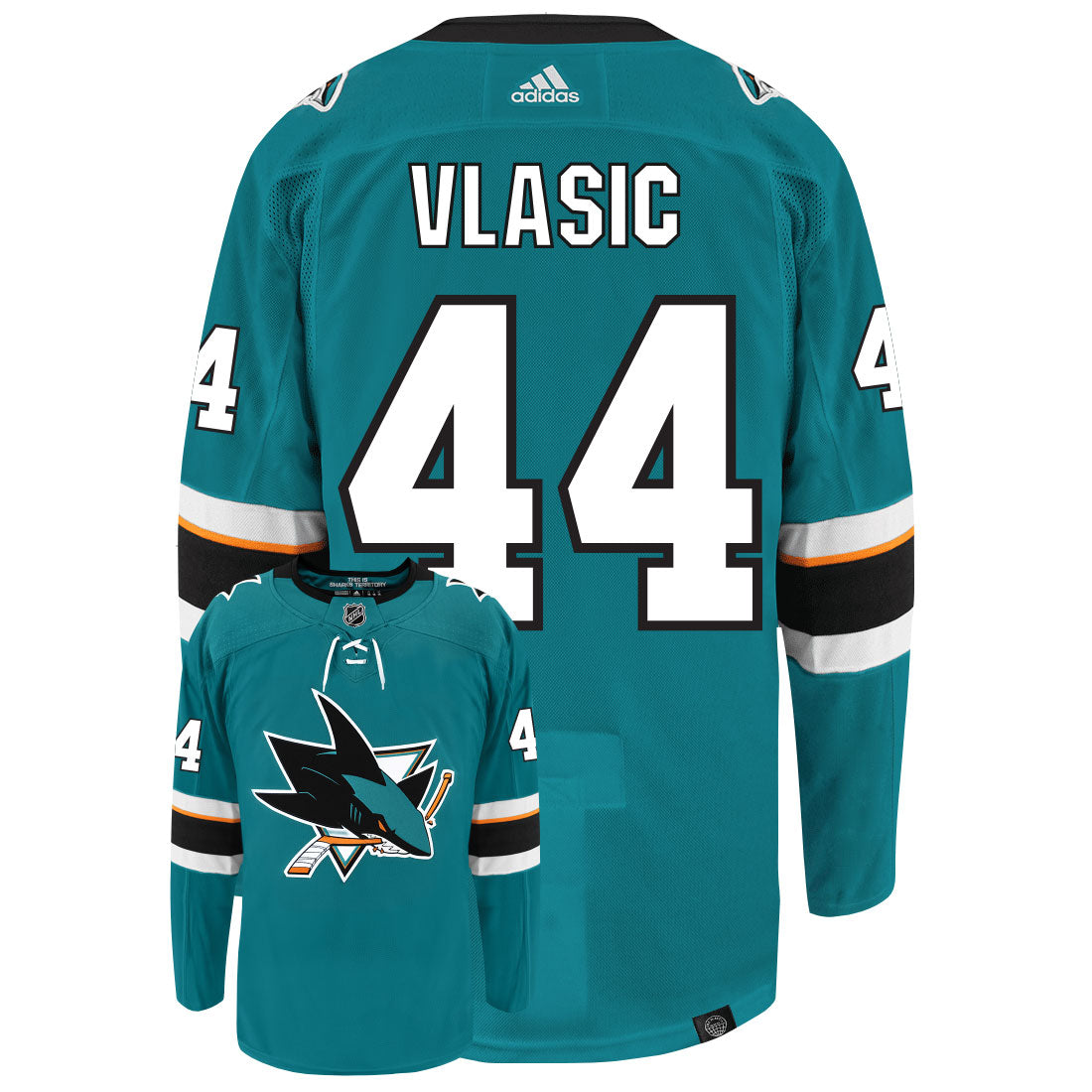 Marc-Edouard Vlasic San Jose Sharks Adidas Primegreen Authentic Home NHL Hockey Jersey - Back/Front View